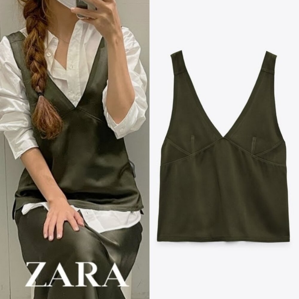 NWOT ZARA SATIN CAMISOLE TOP V NECK OLIVE GREEN L
